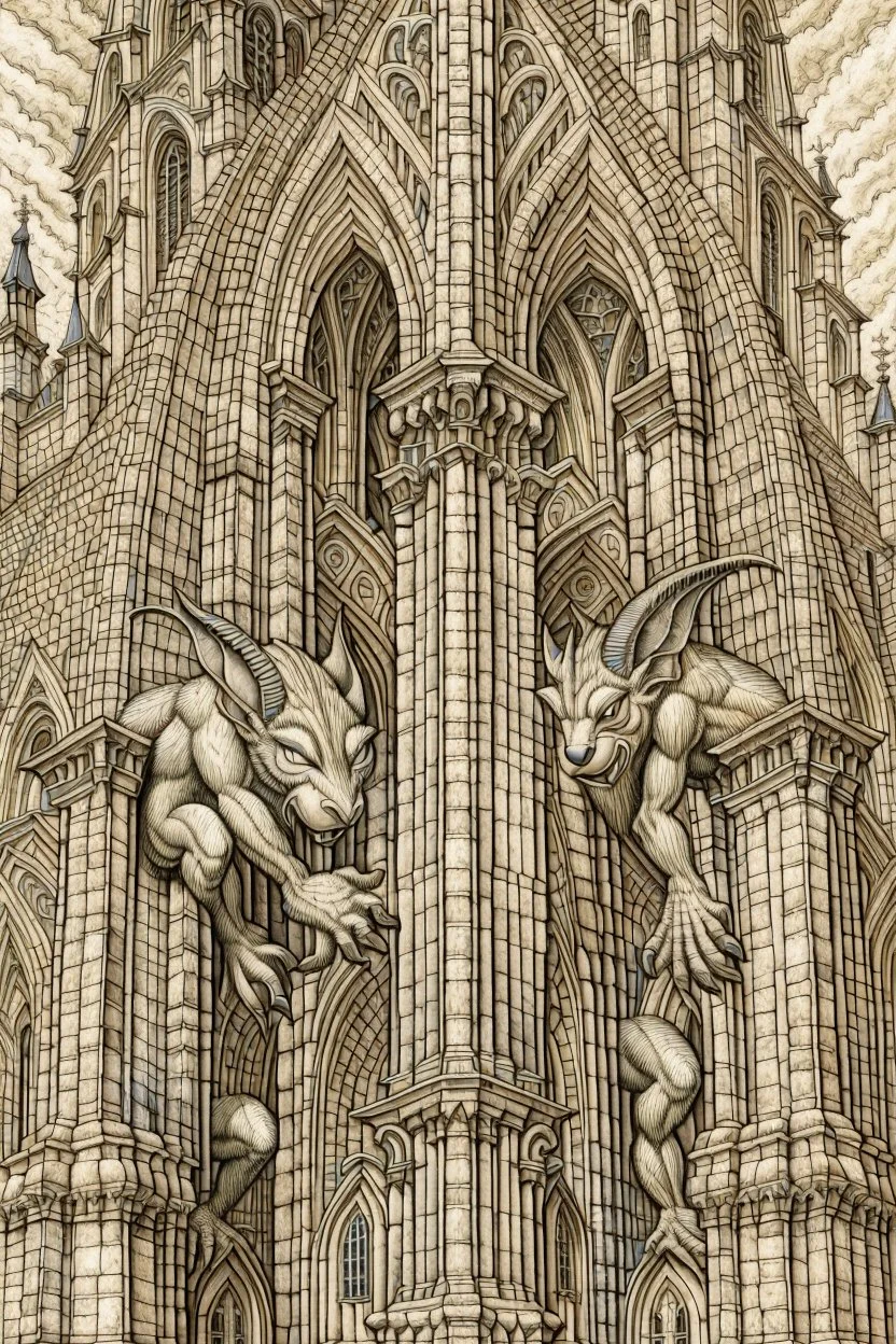 Gargoyles Promt: Art Nouveau Gothic Hyper realistic intricate oil paint detailed pencil sketched Notre Dame gargoyles in the style of Escher, a resin painter