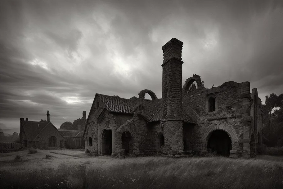 medieval ruins and garden, the setting sun peeps through the storm clouds over the medieval street Sherry Akrami Yossi Kotler by Jeremy Mann