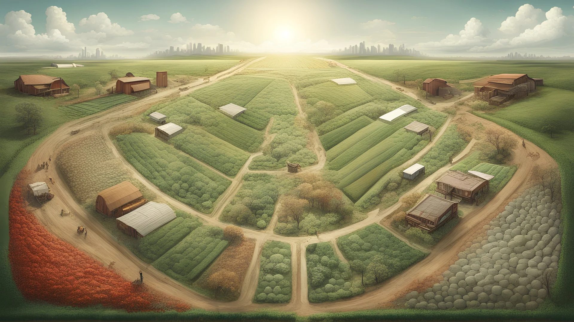 a detailed digital artwork depicting the dichotomy between agrarian societies and their contrasting socio-economic organization, exploring the contrasting form(s) of socio-economic organization. Highlight the transition from agrarian societies to the modern era, showcasing the main alternative(s) to agrarian societies. Include visual elements that represent the juxtaposition between these different forms, such as rural landscapes, urban cityscapes, technological advancements, and elements of nat