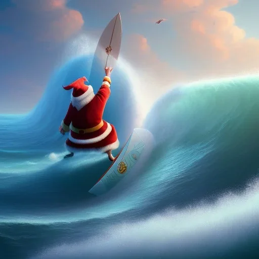 Santa surfing a big wave, surfboard, beach, character design by cory loftis, fenghua zhong, ryohei hase, ismail inceoglu and ruan jia. unreal engine 5, artistic lighting, highly detailed, photorealistic, fantasy