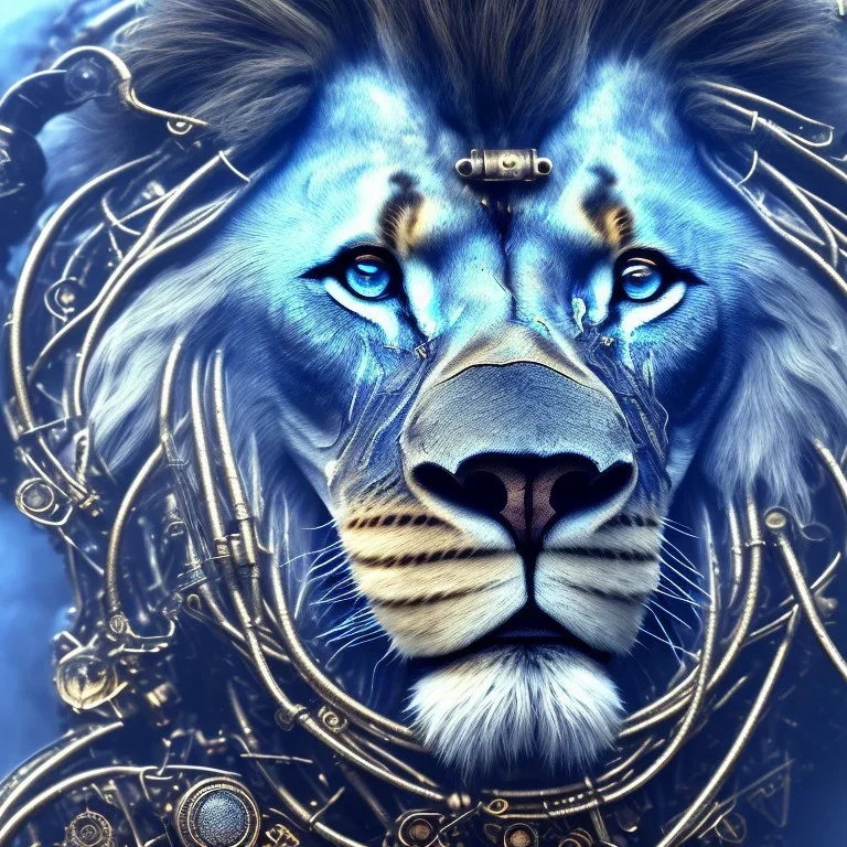 a lion face made of steam punk elements with blue diamonds and cables, high detail, photo, kybernetic, 8k, roaring