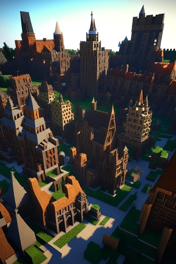 medival minecraft city, many buildings