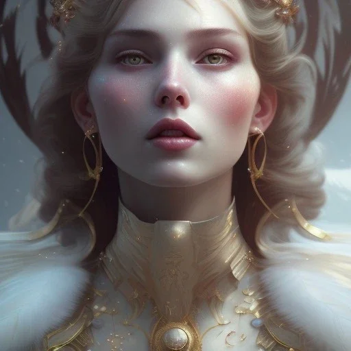 hyper 16K detailed picture, gorgeous snow white princess with and feathers, . Full length portrait, 16k concept art by Greg Rutkowski, Artgerm, WLOP, Alphonse Mucha, dynamic lighting, hyper detail, intricately detailed art, Artstation process color trends, Unreal Engine 5 volumetric lighting.