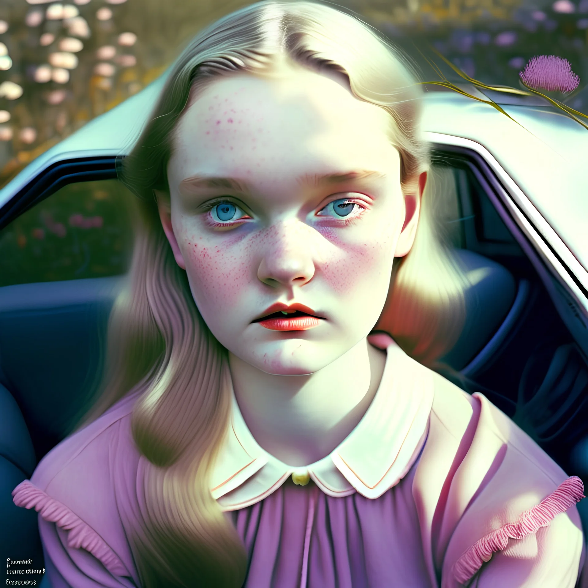 Rosy cheeks, in a car