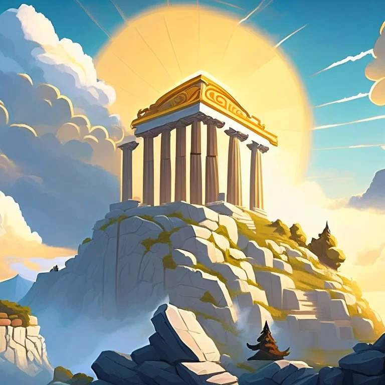 mount olympus from the greek mythology. High up in the mountains. Illustration. Cloudy. Sun behind the temple of ZEUZ.