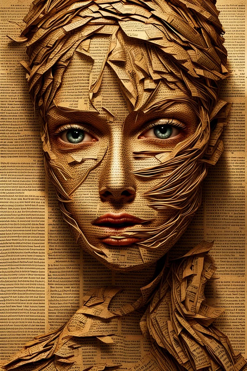 Beautiful face made of newspaper, trending on artstation, sharp focus, studio photo, intricate details, highly detailed,:y.k: by greg rutkowski Modifiers: digital painting fantasy beautiful Greg Rutkowski beautiful face, surreal