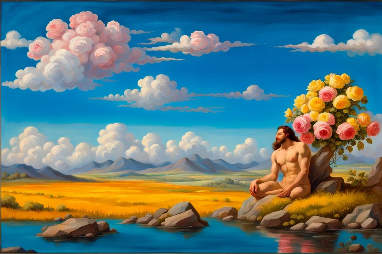 a handsome, muscular man with a well-groomed, bearded face and long, curly hair. He is sitting naked on a rock, surrounded by a picturesque valley adorned with pink and yellow rose flowers. The spring sky above is adorned with breathtakingly beautiful clouds. like oil painting 19th century