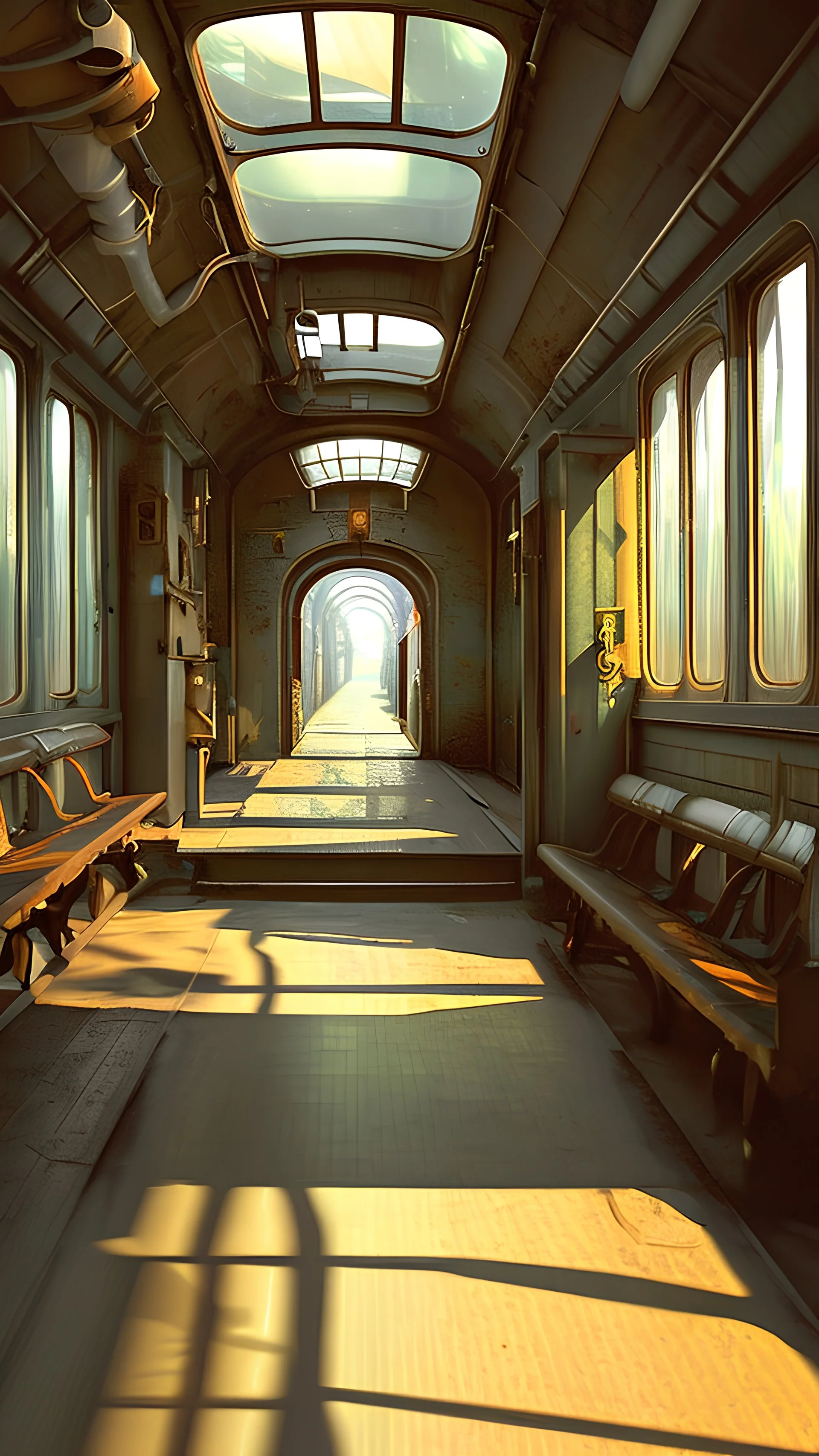 "Create a stunning 3D scene of a train interior with a liminal pathway winding along the isle. The image should capture the essence of an old world, blending realistic mechanical elements with a touch of fantasy.