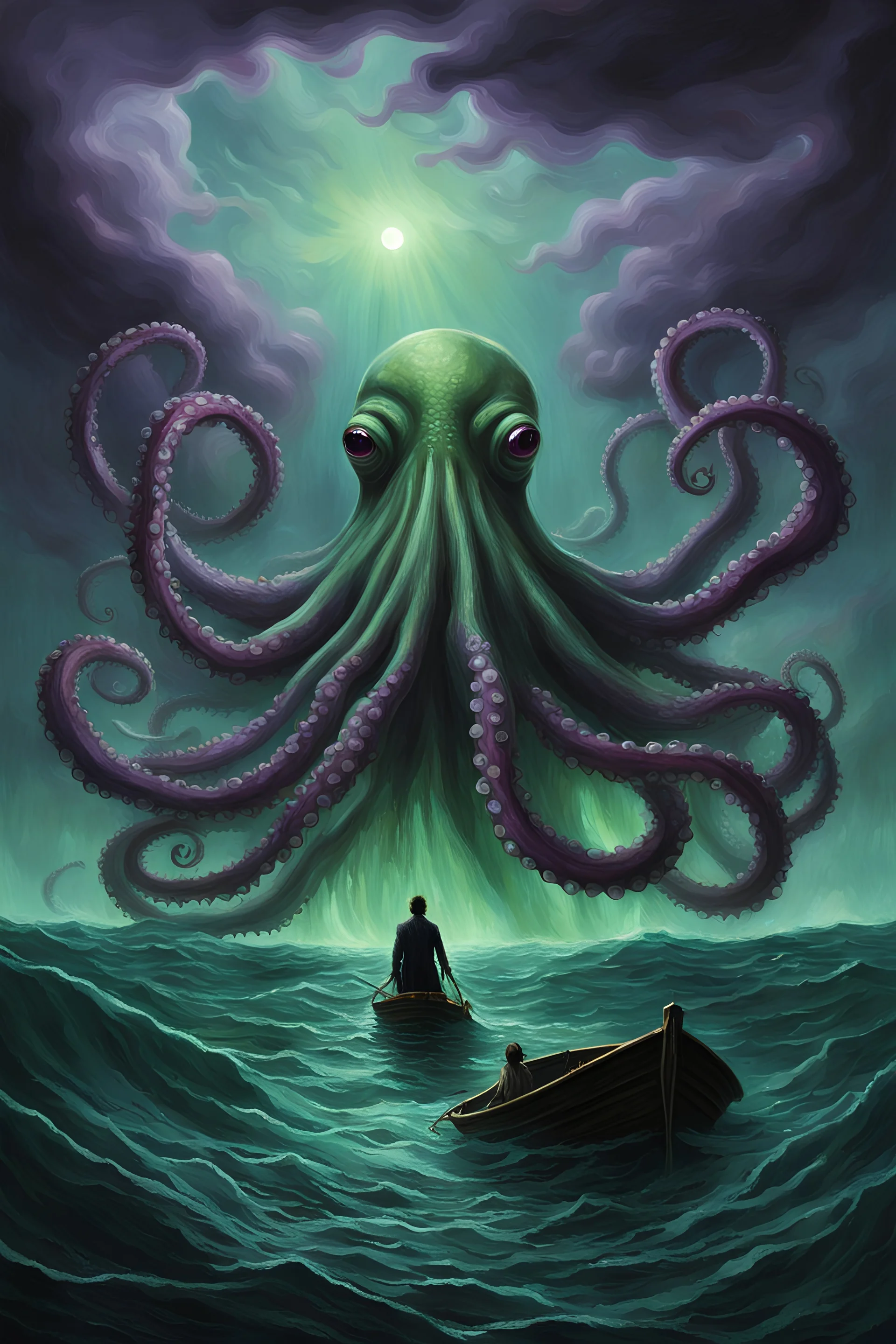 A gigantic octopus-like creature rises from the ocean depths, its tentacles reaching out to the sky. A small boat with a lone figure rows away in terror. The creature's eyes are glowing green, and its skin is a deep purple. The water is dark and murky, and the sky is stormy in oil painting style