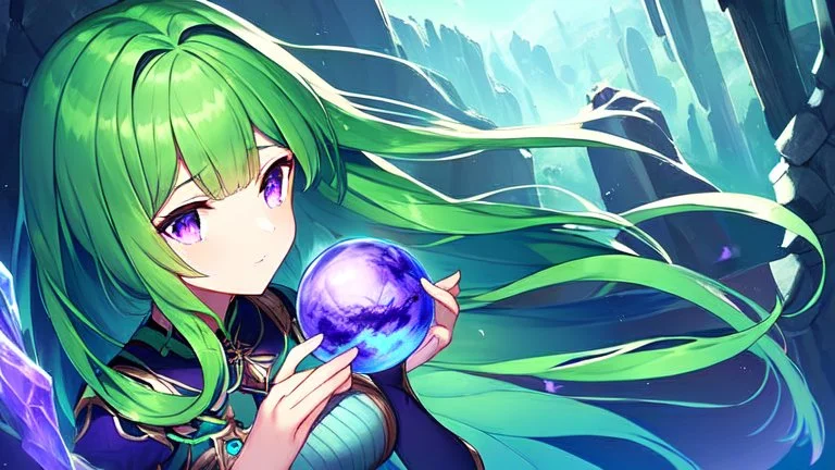 A girl with green hair touches a magical purple stone by the river