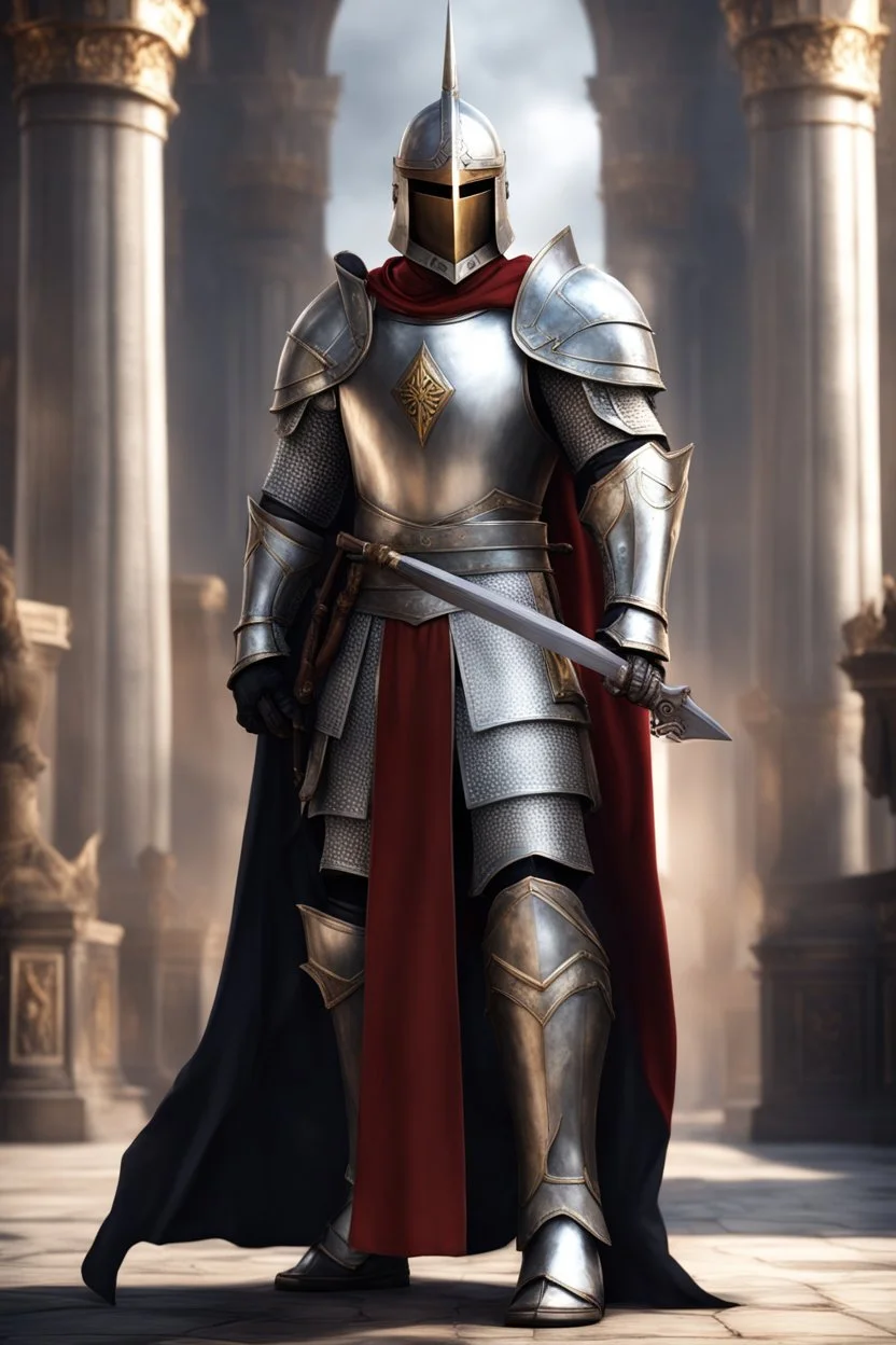 photorealistic holy knight paladin wearing a cape wielding a greatsword temple in the background