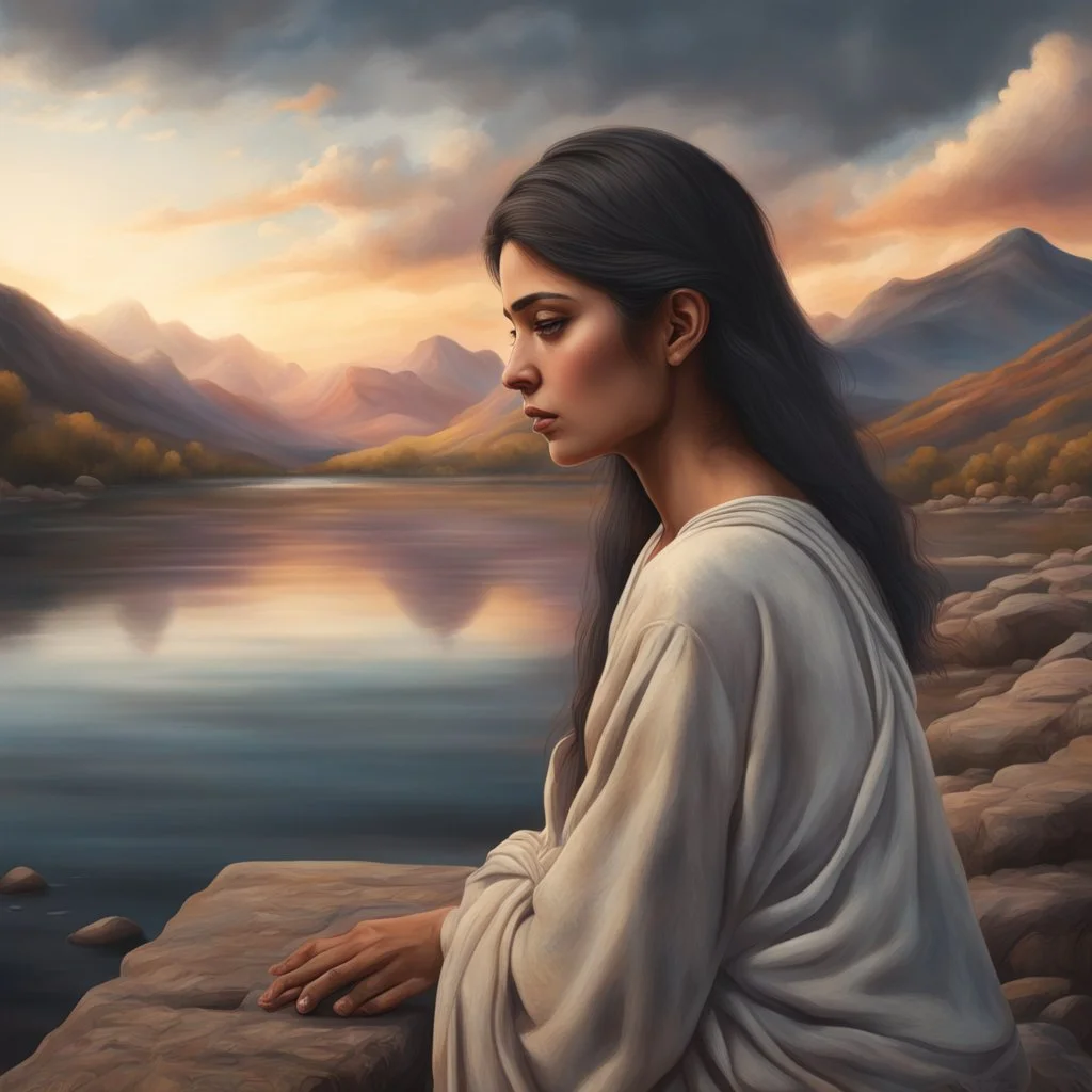 Hyper Realistic Sad Pukhtoon Young-Woman looking at cloudy sunset riverside & mountains at the back