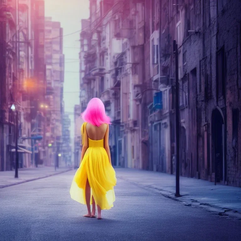 Beautiful lonely girl who walks along a street without people at dawn. You see her from behind. She wears a very short yellow dress. She has long pink hair with glowing crystals. Full body, 8k resolution concept art. Professional Photo HD. Stylish. Warm vivid colors. Panoramic