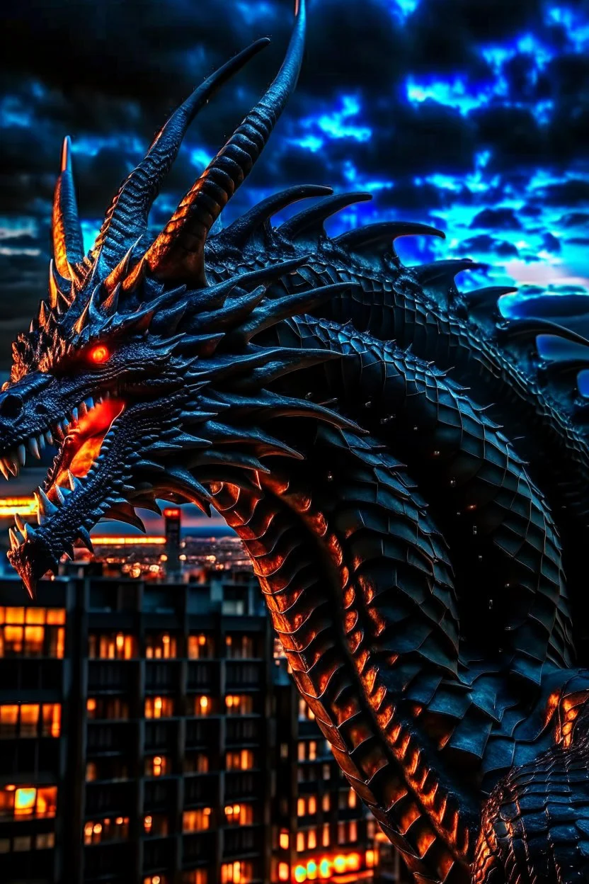 black dragon with glowing eyes on top of a high rise building