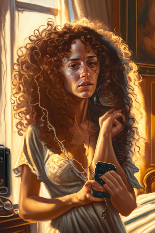 A beautiful woman with curly brown hair, a pensive expression, holding in one hand an old dial phone with the cord wrapped around her body, in a luxurious room in sunshine