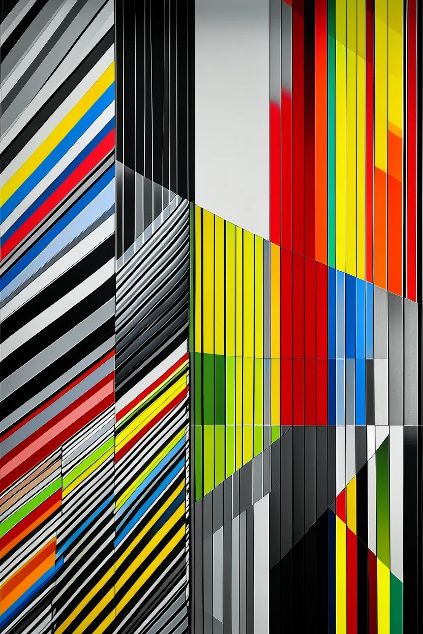 The world of technicolor and black and white divided diagonally by stripes running from the upper left corner to the lower right corner, with the stripes extending from front to back. The color gradient transitions from vibrant colors at the front of the composition to a more subdued gray and warm grey-black at the back, adding depth and dimension to the artwork.