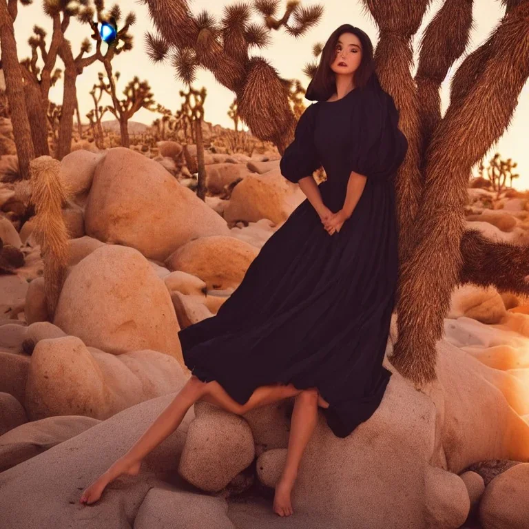 Isane pretty young woman Top Model in a stunning maximalist short flowy dark dress, vogue, 8k, ektar, joshua tree, fashion. golden hour cinematic, rebecca guay, frank frazetta.