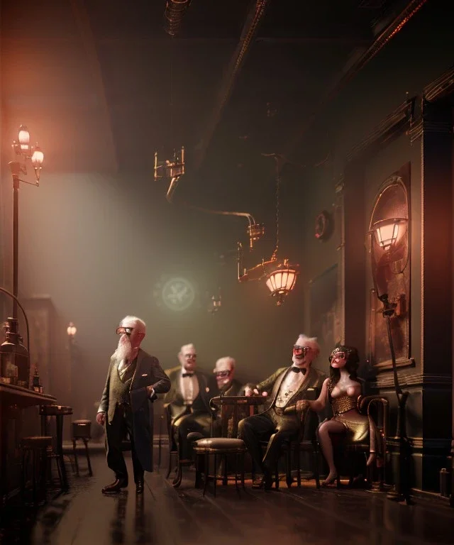 cabaret scene, steampunk. old man. little monkey, Sunglasses, rain, smoking, happy, hot. Many people background, highly detailed, concept art, unreal engine 5, god rays, ray tracing, RTX, lumen lighting, ultra detail, volumetric lighting, 3d, finely drawn, high definition, high resolution.