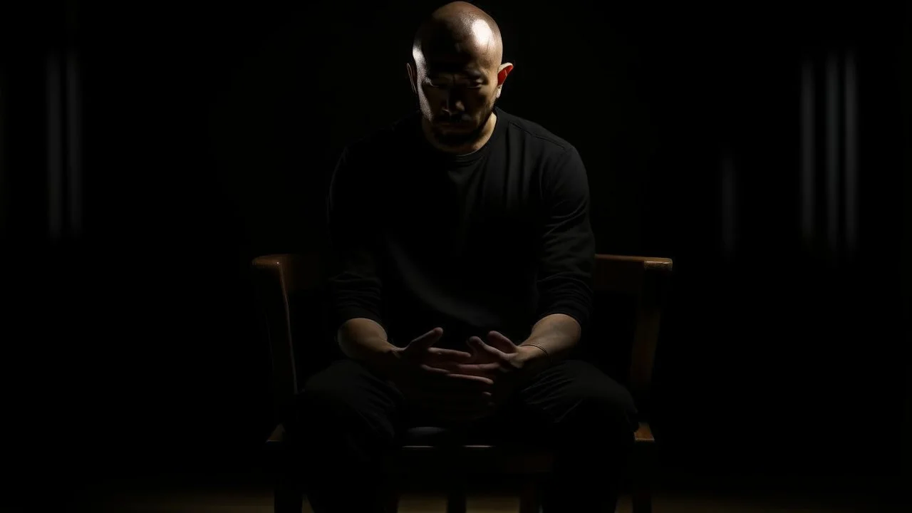 في الصورة، يظهر رجل جالس على كرسي في غرفة مظلمة. وجهه غير واضح، لكن يمكن رؤية عينيه مغمضتين. الرجل يرتدي ملابس سوداء، ويبدو أنه في حالة من الهدوء والتأمل.