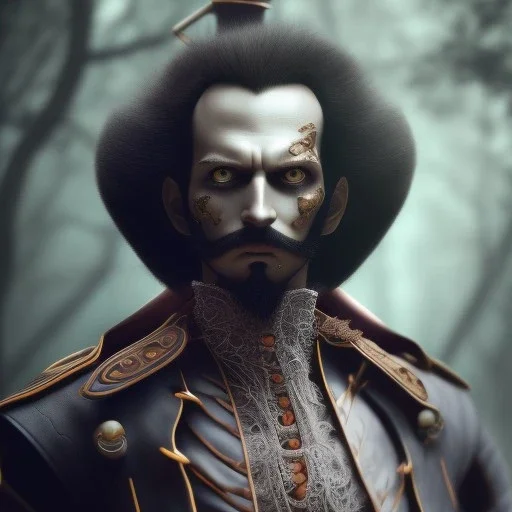 Lorenor Zorro from one piece, steam punk, scary, horror, realistic, made in octane, cinematic, movie, CGI, ultra-realistic, extremely detailed octane rendering, 8K, VRAY Super Real ar 2:3, dof photorealistic futuristic 50mm lens hard lighting dark gray tintype photograph, realistic lighting, sephia colors