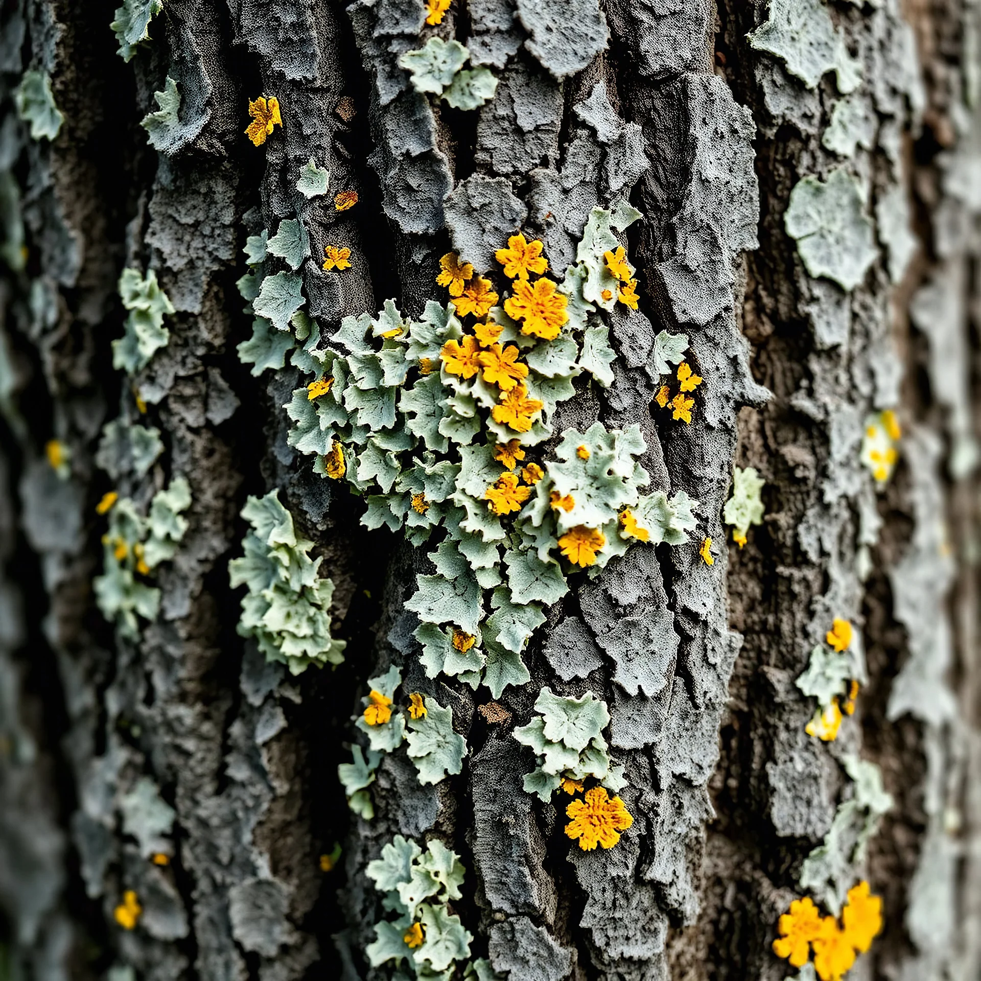 A close-up of lichen on the trunk of an oak tree, showcasing its intricate patterns and colors in shades of grayish white with yellow accents. The background is blurred to focus attention on the detailed textures of nature's artistry.