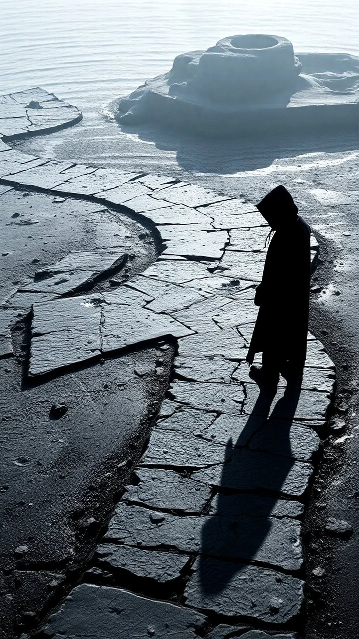 A hooded creature shadow standing on anarrow black stone path above the ground