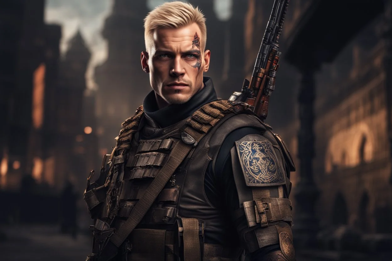 photorealistic portait of henry cavell as mercenary with blonde undercut tribal tattoos wearing modern mercenary uniform fantasy dark cityscape