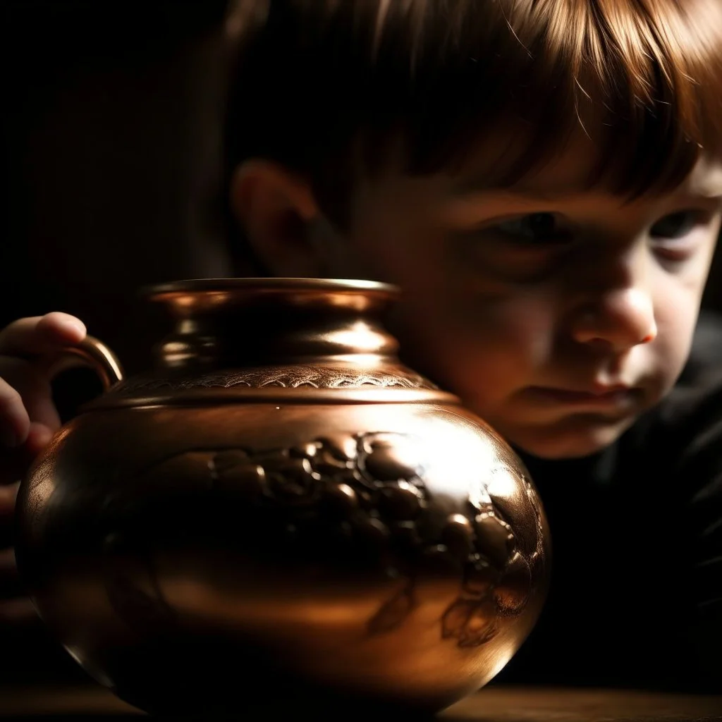 The reflection of a child on the surface of an old copper teapot