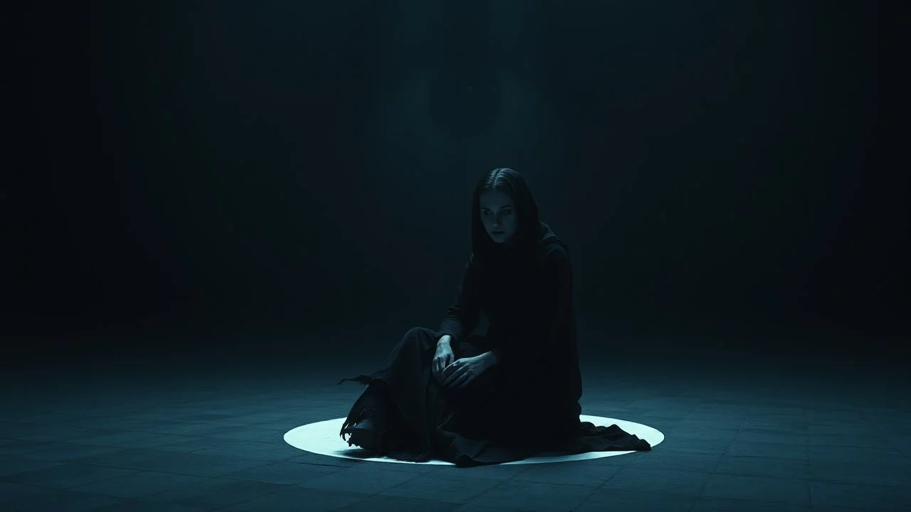 A solitary woman sitting alone in an endless void of darkness, pale skin, dark eyes with deep shadows underneath, wearing tattered black robes, empty expression, staring into nothingness. Only a faint circle of dim light surrounds her. Absolute loneliness, emotional emptiness, existential despair, abandonment, silence, vast darkness consuming everything beyond the light. No other people, no faces, in background a big monster eye, vibe surrealism, thriller atmosphere, cinematic