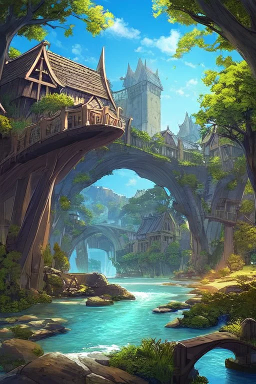 medieval gothic house built into a rock, lake, trees, arches, balconies, bridges, verandas, foliage, sunny blue sky