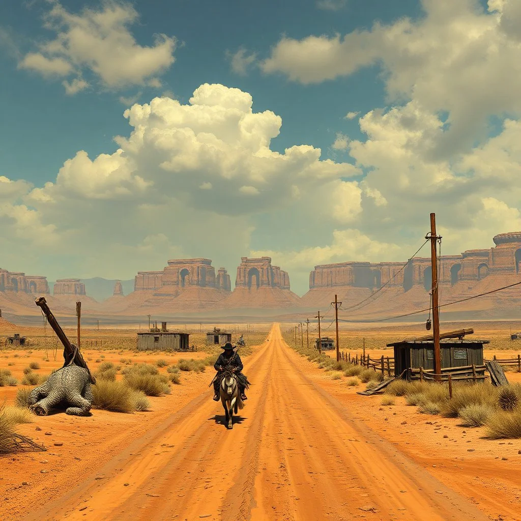 Western fantasy desert road realistic grimdark