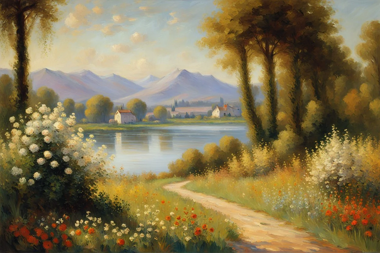 Sunny day, mountains, river, distant house, flowers, trees, claude monet and charles leickert impressionism paintings