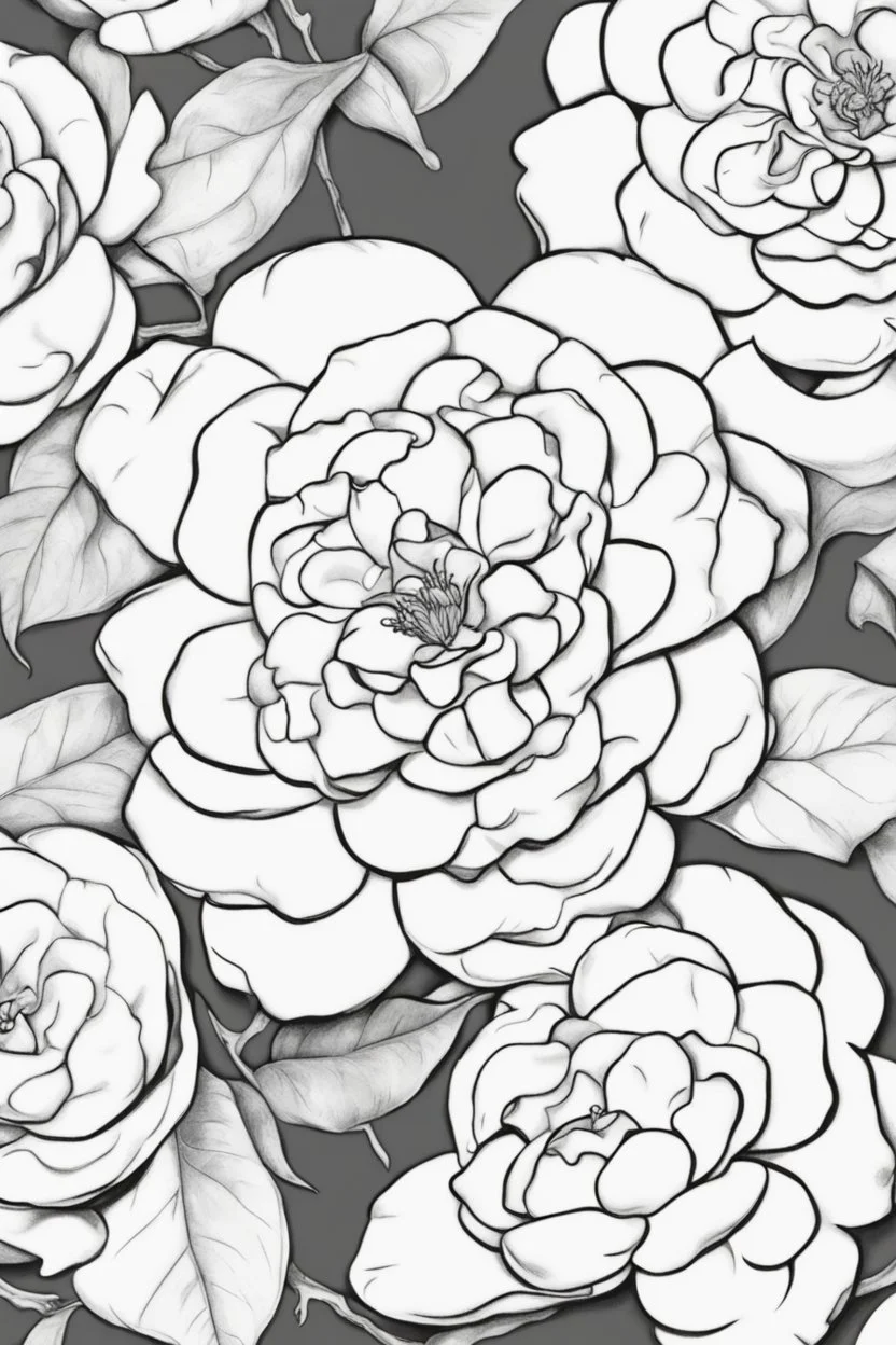 outline art of Camellia only black and white, no colour , White background. sketch style, clean line art, white background, no shadow and clear, no people, no colour, for book