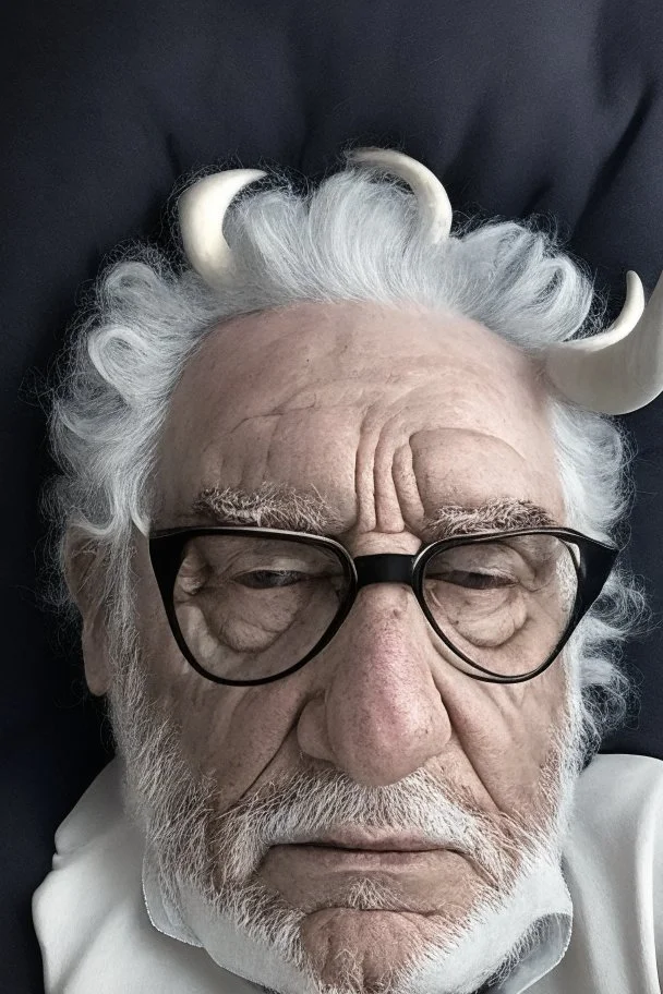 old man with large gray eyes and 2 horns on white hourse