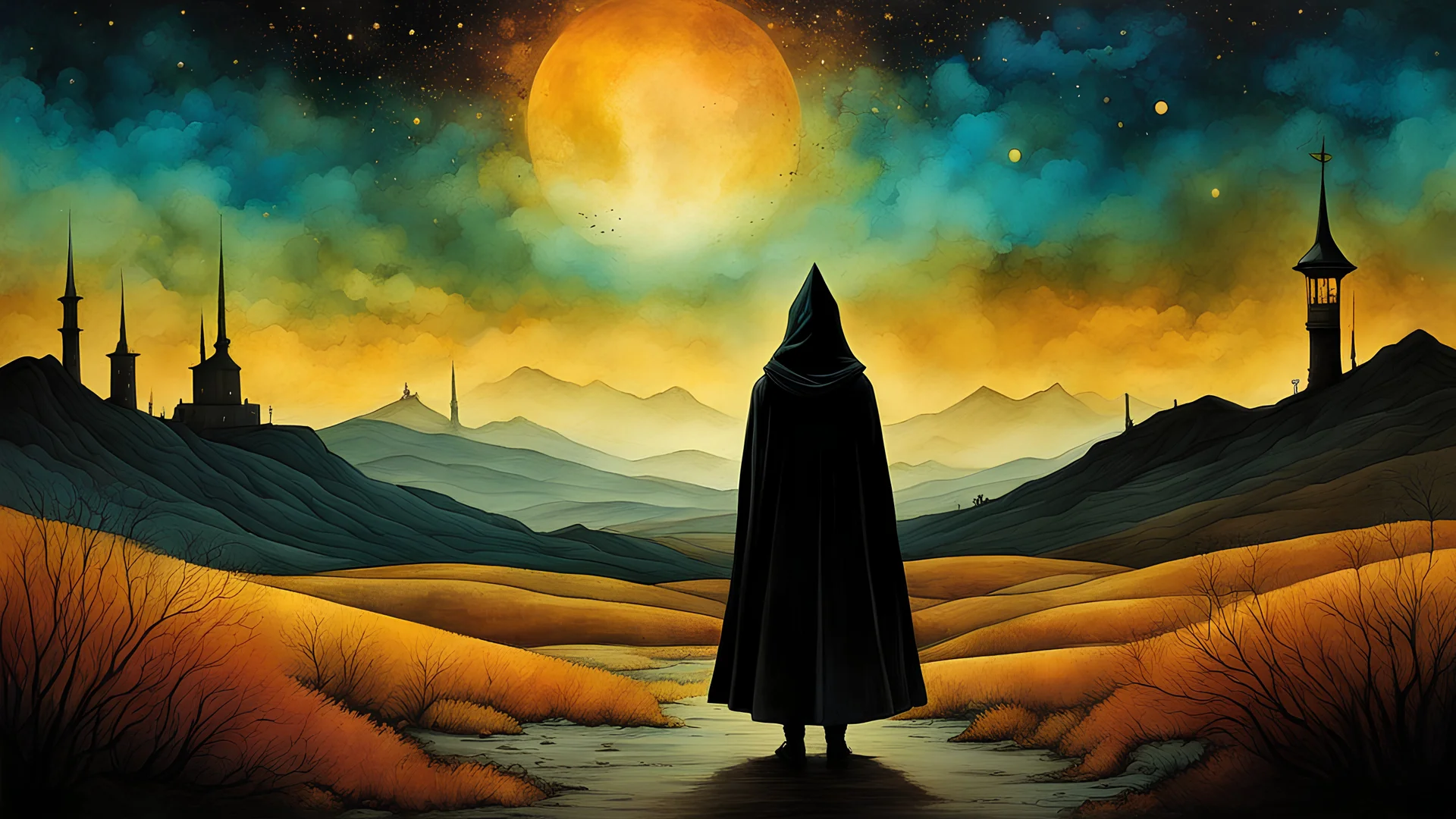 Azem the Traveler in Andy Kehoe style, cloaked and masked, yearning to explore. Gradient mastery, ink, gold leaf, and alcohol ink elements. Cinematic realism, luminism, and pollution-choked industrial landscape by Greg Rutkowski