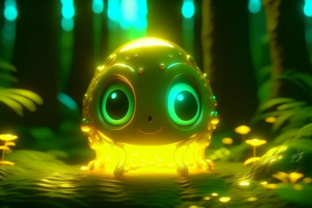 cute chibi slime radiant golden glow in mystical bioluminescent forest , highly detailed , cute facial features , 3D reflections