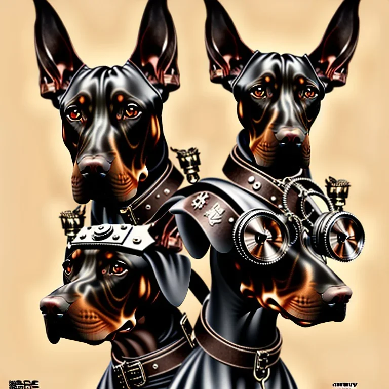 Chiens avec armure steampunk, combat de chiens, doberman