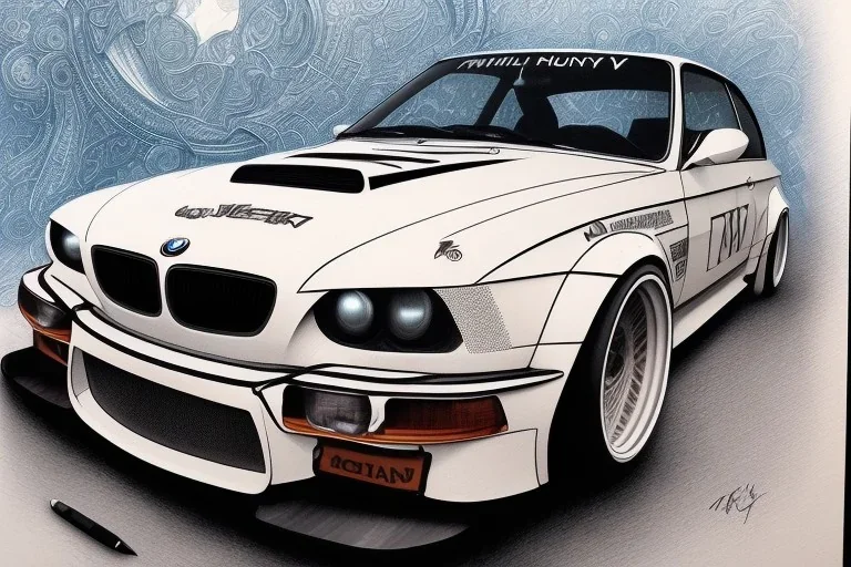 a true-to-life BMW M3 GT2, classic wheels, twin-color finishing, centered, intricate, extreme detailed, photorealism, center view, stylized random background, pivot on bmw, pen and color marker painting by cheryl kelley