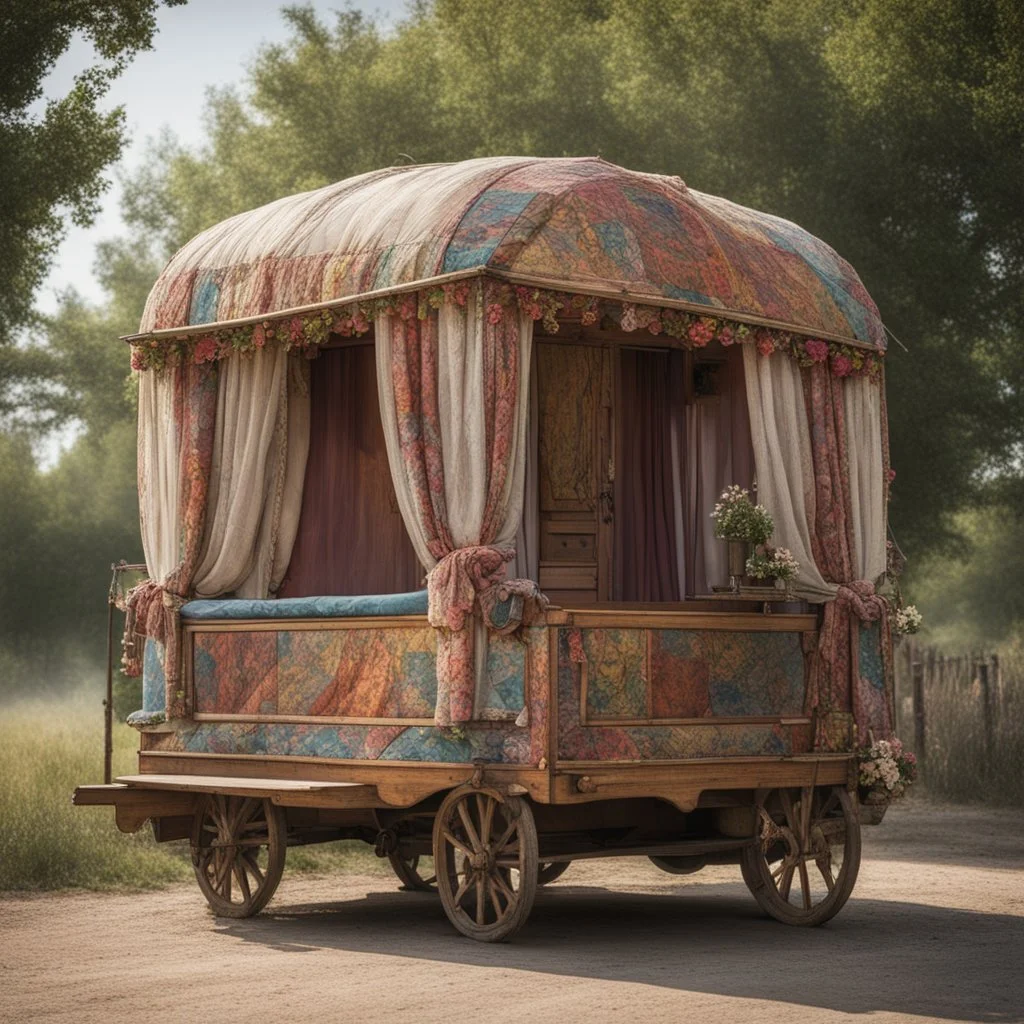 Old fashioned gypsy wagon decorated, curtains fluttering in the wind,