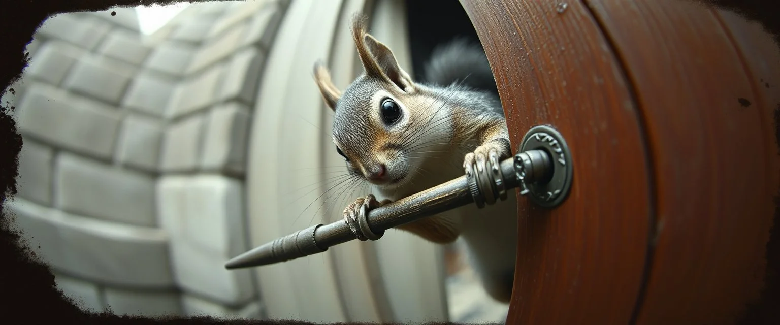 weird ass squirrel burglar breaking open a door with a crow bar , pinhole cam, airbrush 3d rendering, in the style of John Atkinson Grimshaw , torn edges on border