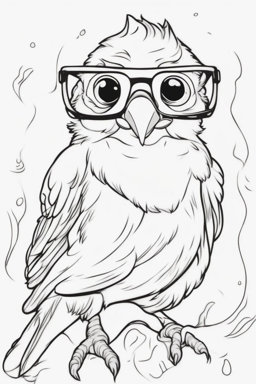 Outline art for cute coloring pages with bird with glasses, full body, white background, sketch style, only use outline, clean line art, no shadows and clear and well outlined.