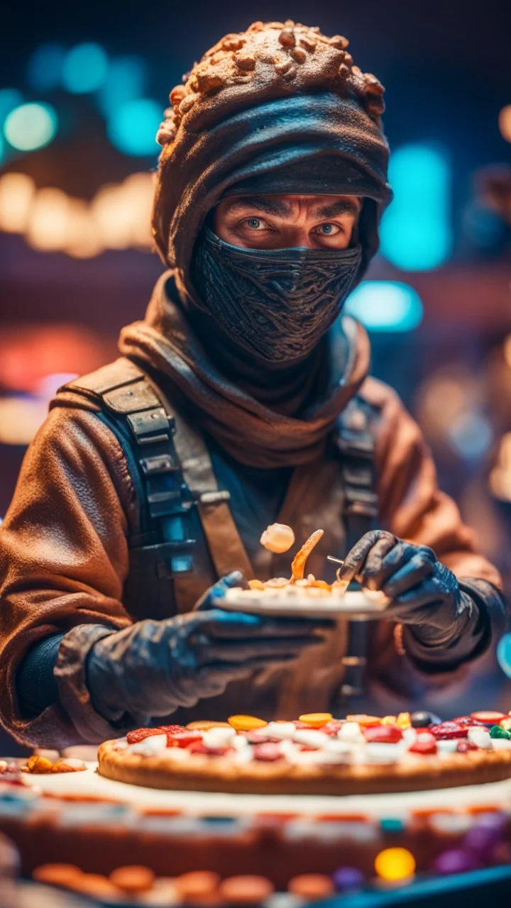 portrait of wilderness ninja baking the highest advanced art cake sculpture during a casino game show, bokeh like f/0.8, tilt-shift lens 8k, high detail, smooth render, down-light, unreal engine, prize winning