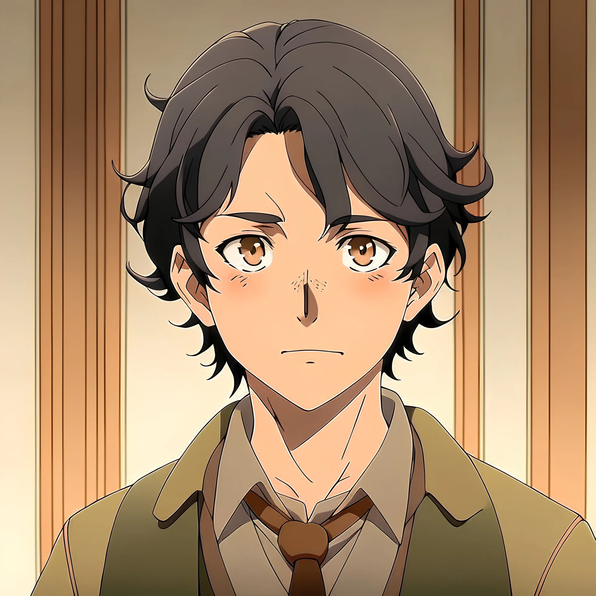 Young adult male, black hair with middle part, mischievous hazelnut brown eyes, tall and lanky, freckles here and there, 1920s styled outfit, anime style