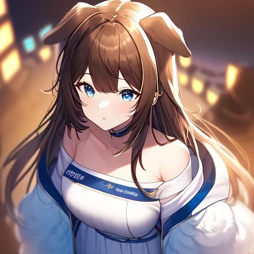 Clear focus, High resolution, Long fluffy brown hair, blue eyes, wearing a white skirt, detailed outfit, wearing a jacket oversized off shoulder, rough line, hair above ears, dog ears, off shoulder white shirt, chopped bangs