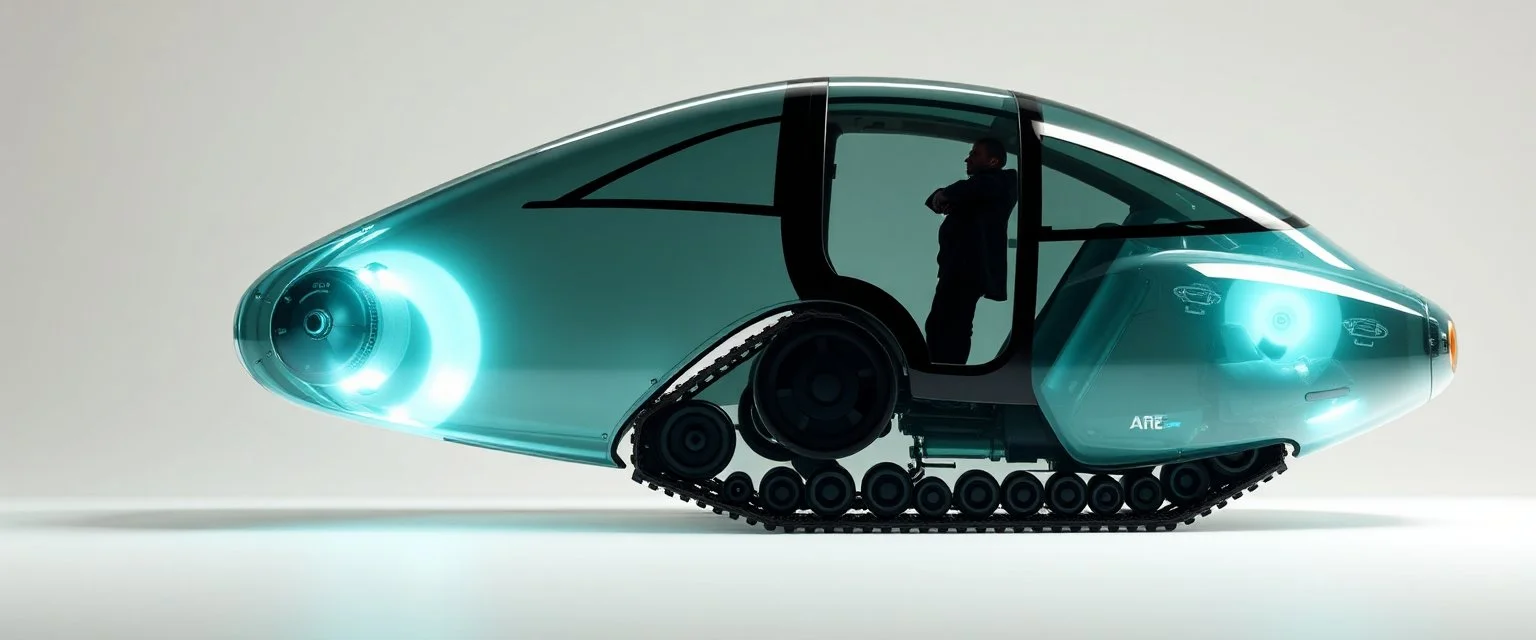 guy standing inside laid back futuristic sci-fi glass human form car pillar on wheels, and a tracked wheel in the middle of the car