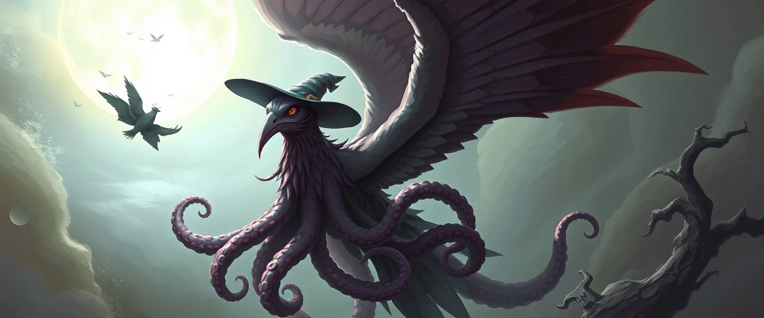 octopus bird witch looks beyond really powerful, fantasy illustration