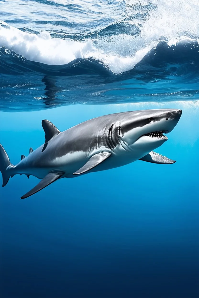 A (((ocean ))) is in awe of a (((great white shark))), , with its sleek contours and powerful silhouette drawing attention in the serene (((ocean waters)))