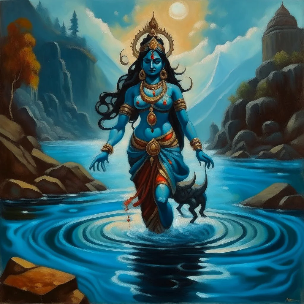 An oil painting of goddess Kali crossing a lake