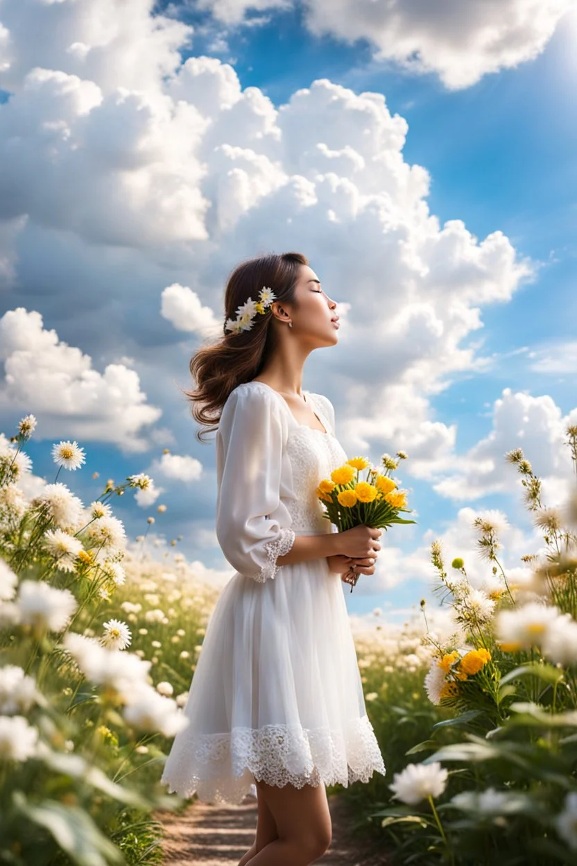 romantic environment heaven flowers clear nice clouds ,young girl gracefully whispering her lovely joy,full body shot,sharp focus, realistic.