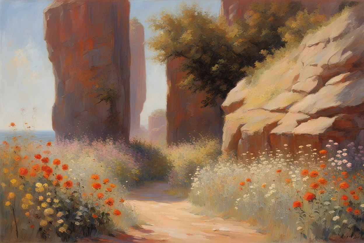 sunny day, rocks, flowers, cliffs, sci-fi, friedrich eckenfelder and henry luyten impressionism paintings